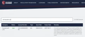 Current gambling regulator licence register entry relevant to Prive Casino
