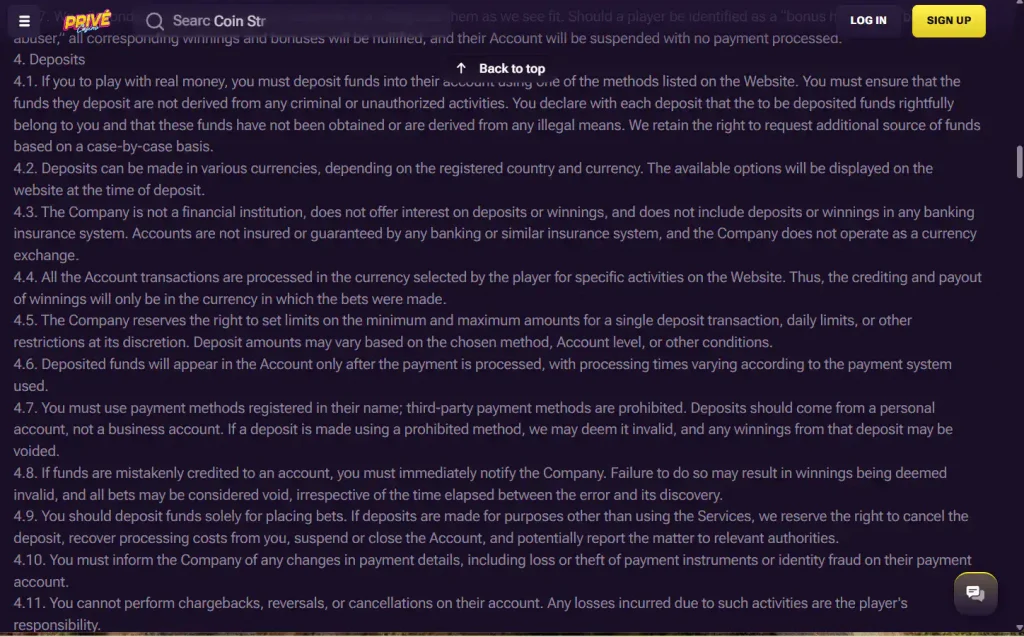 Current Prive Casino cashier showing available payment methods