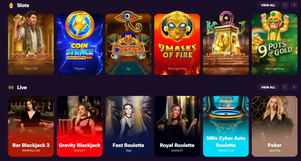 Current Prive Casino games lobby with category navigation and game tiles