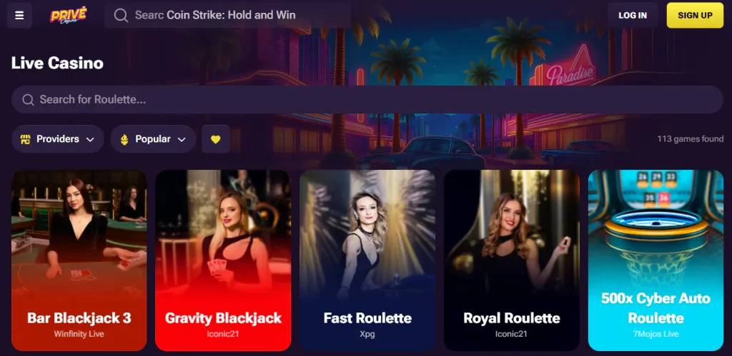 Current Prive Casino live casino lobby with dealer tables and provider filters
