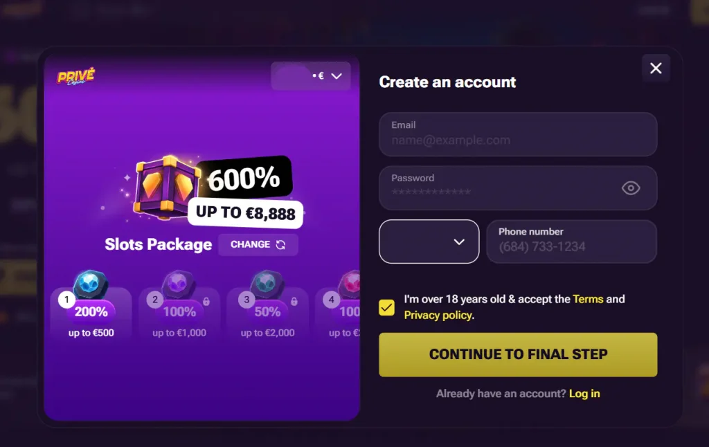 Current Prive Casino registration or account verification screen
