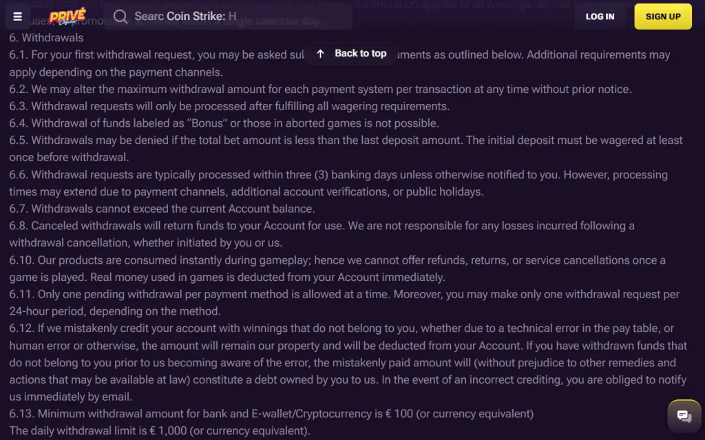 Current Prive Casino withdrawal or cashier screen