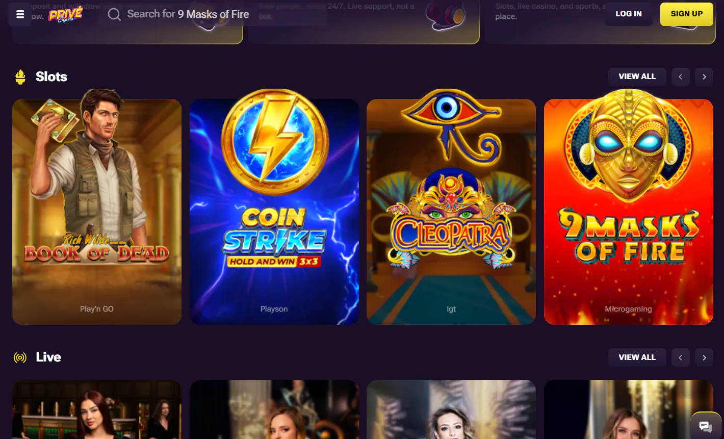 Prive Casino homepage interface shown for brand identification