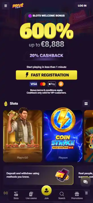 Prive Casino website shown in a mobile browser